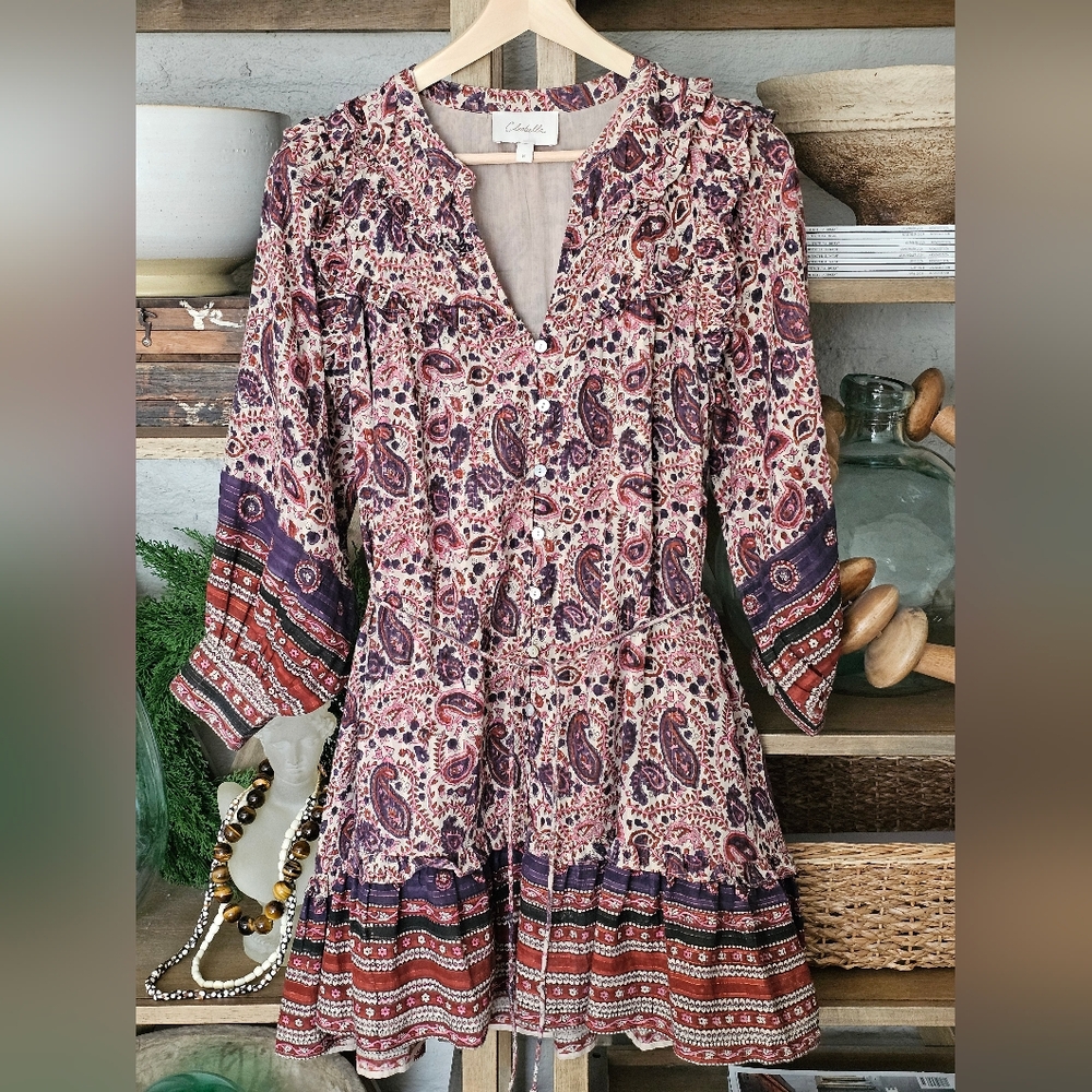 Cleobella Reign Mini Dress Laurel Organic Cotton Block Print BNWOT Size M